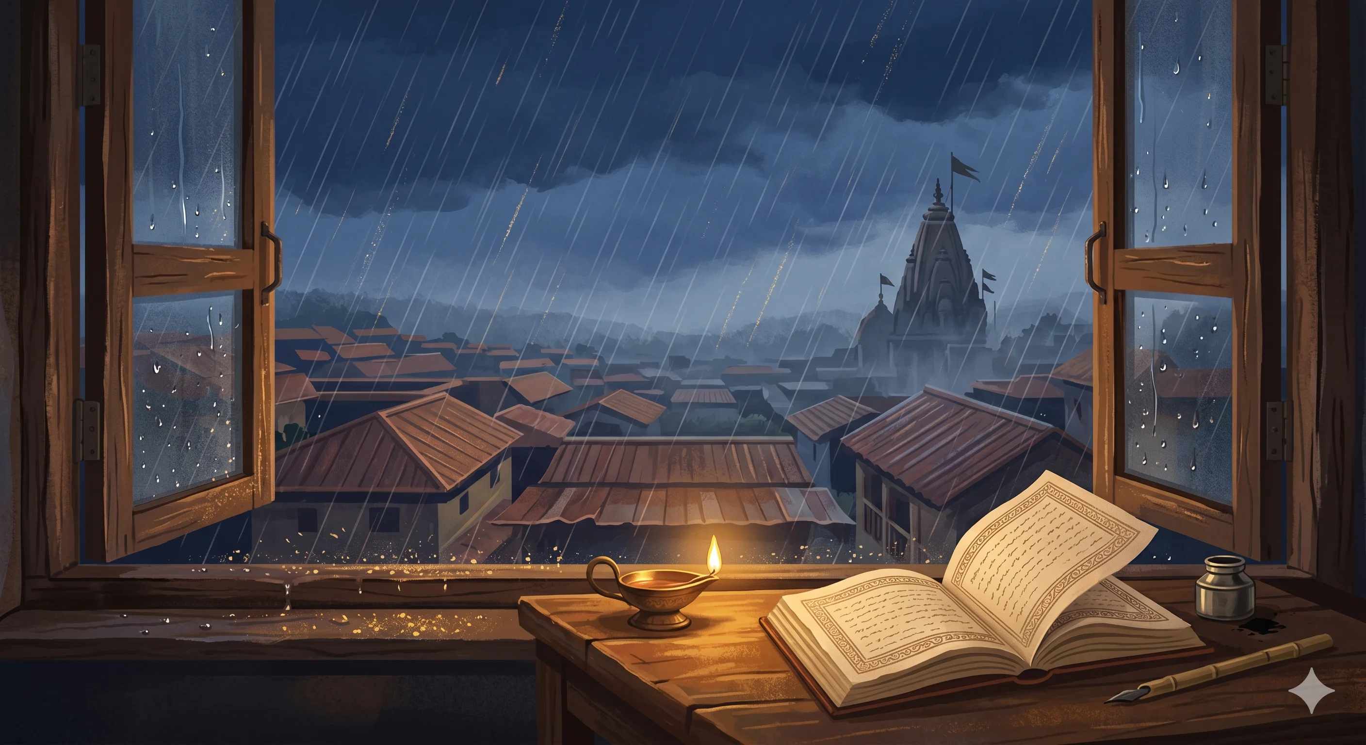 A book of verse open by lamplight at a window, monsoon rain falling over the town beyond